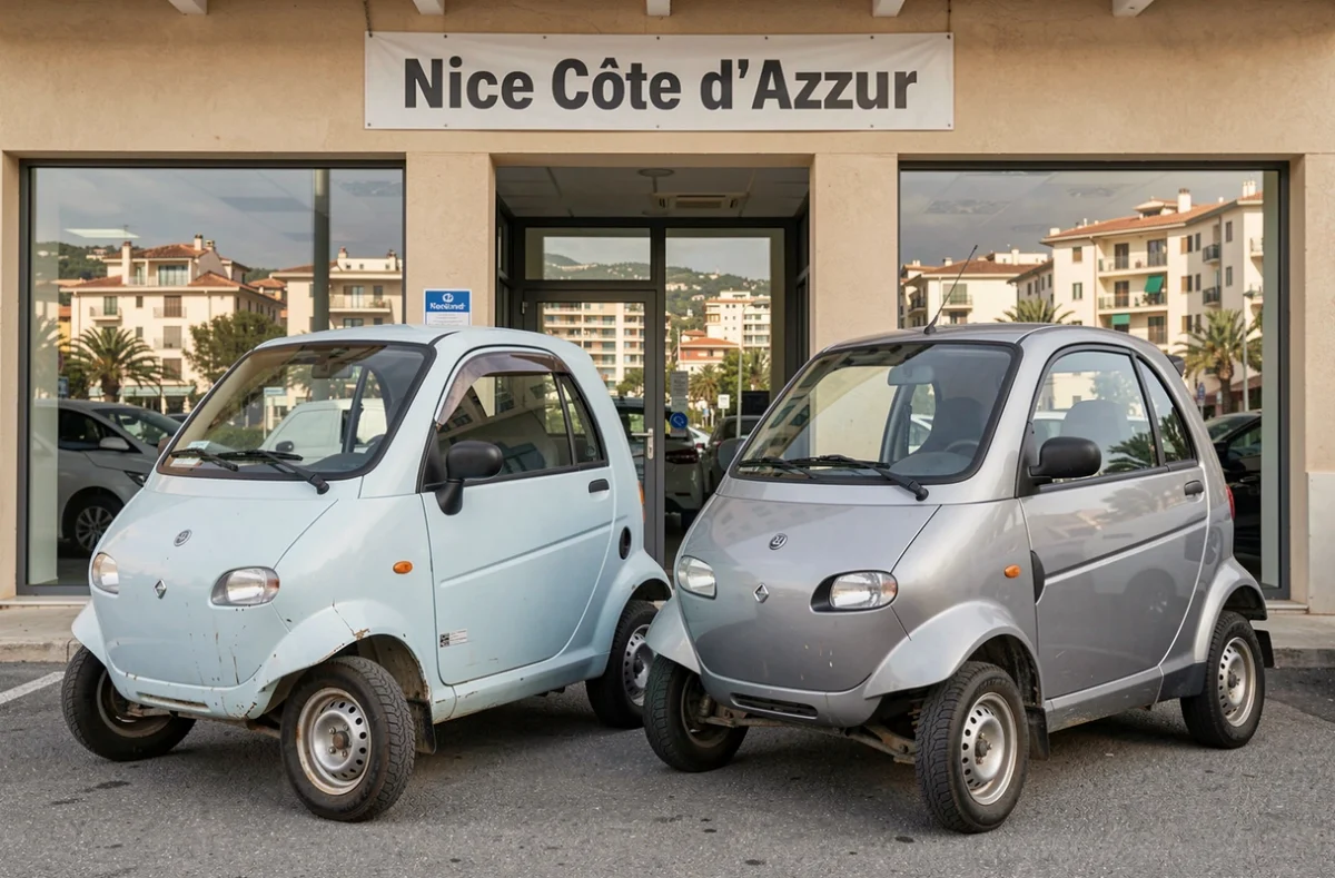 Deux voitures sans permis d'occasion exposées devant une concession automobile à Nice avec vue sur la ville